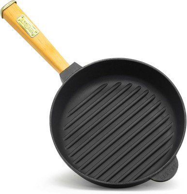 Grillpfanne aus Gusseisen 24 cm Steakpfanne BRIZOLL Bratpfanne Holzgriff
