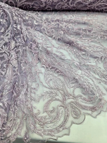 LAVENDER Beaded Lace Embroidery Lace Fabric Sold by The Yard Victorian Damask  - Image 2 of 4