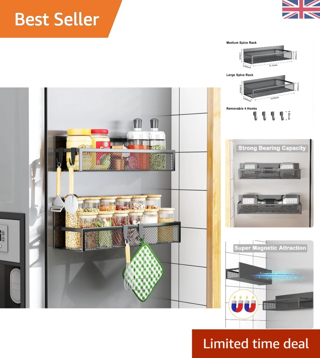 Space-Saving Magnetic Spice Shelves - 2 Pack with Hooks for Easy Kitchen Storage