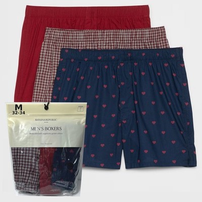 Banana Republic Boxers 3 Pair Men's MEDIUM Hearts Plaid Solid Boxer Shorts