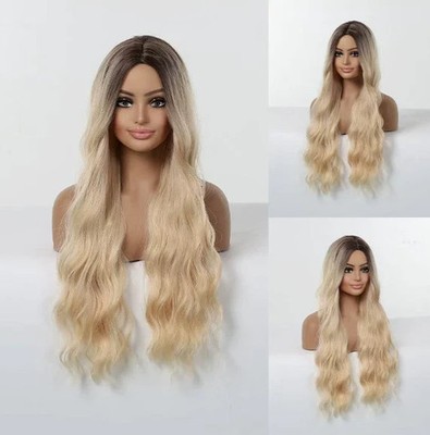 Long Ombre Blond Brown Wavy Human Hair Blend Heat Ok for Women Natural Party Wig