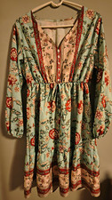 Women's Floral V-Neck Button Front Balloon Long Sleeve A-Line Short Dress M