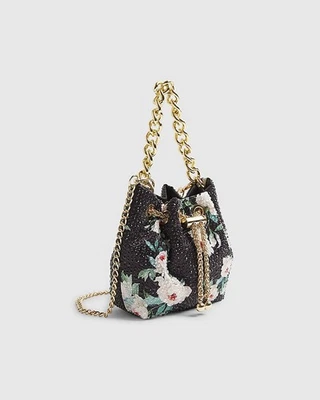 River Island Womens Clutch Bag Black Floral Diamante Bucket Drawstring Handle