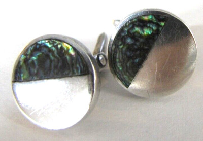 Vintage Sterling Silver Abalone Cufflinks Vintage Modern Geometric Signed Taxco