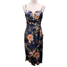 NWT Lulus Floral Midi Dress Women XS Navy Blue Satin V-Neck Tulip Hem Wedding