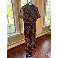 ANNA SUI Black Tropical Floral Print Jumpsuit Size 2 Lightweight USA