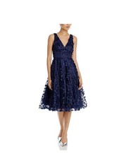 Eliza J 3D Appliqué Floral Midi Dress 12 Navy Elegant Formal Wedding MSRP $278