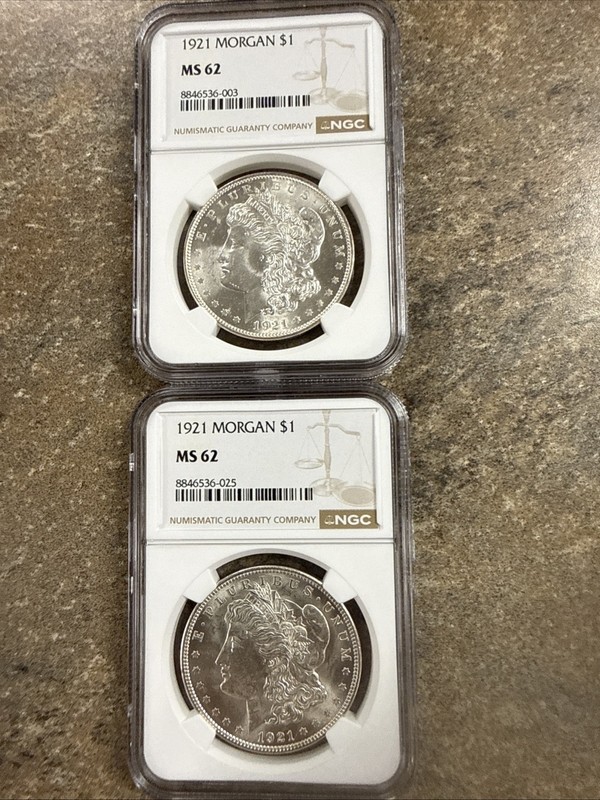 (2) 1921 Morgan Dollar NGC MS62- NICE COINS