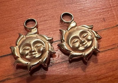 VTG 90s Peter Brams Design PBD 14K Yellow Gold Sun Face Hoop Earring Charms X 2
