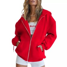 Women Long Sleeve Plain Hoodie Tops Ladies Casual Baggy Zip Up Hooded ^