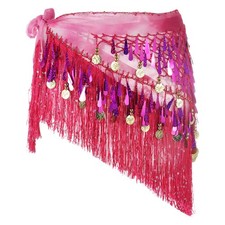 Belly Dance Hip Scarf with Tassels Sequin Coin for Party Pink 