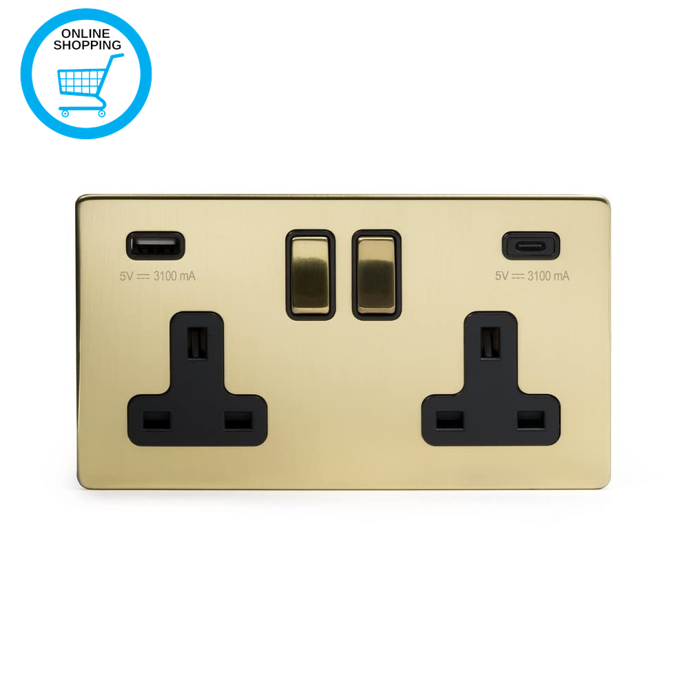 Soho Lighting Brushed Brass 2 Gang USB A+C Socket (13A Socket + 2 USB Ports A+C