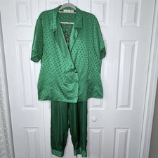 VTG Victoria's Secret LARGE Green Satin 2 Piece Pajama Set Gold Label Elastic
