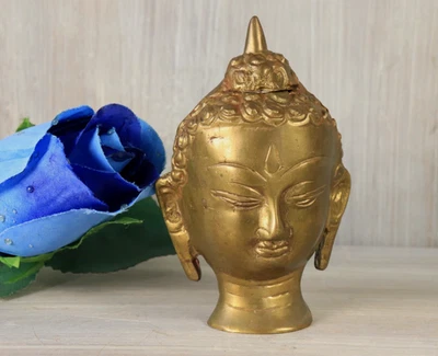 Statue Tête de Bouddha Ancien en Bronze Asiatique Népal H9,5cm - Photo 1/4