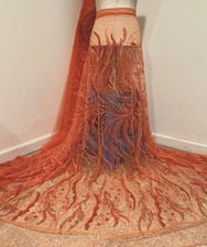 Orange Beaded Sequins Embroidery Lace Fabric 50 Width By The Yard