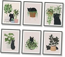 6pcs Cute Black Cat Botanical Wall Art, Green Leaves Plants Boho Wall Art
