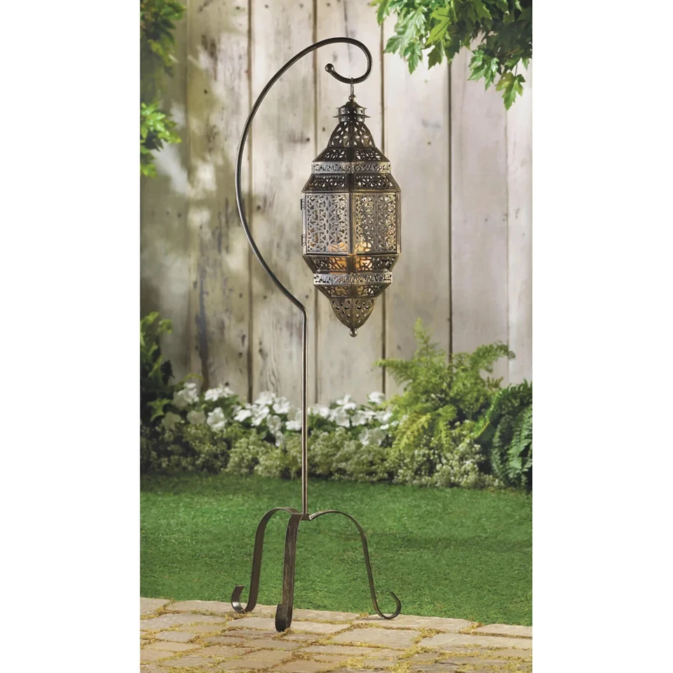 Moroccan Iron Candle Lantern with Stand Lamp Centerpiece Terrace Home Decor - Image 2 of 2