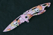 Pink Manga Pocket Knife Kuwaii Skull Heart Spring Assist Bottle Opener Cute
