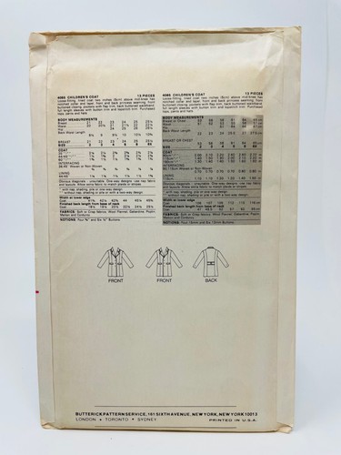 Butterick 4065 Pattern, Childrens Coat, Size 4, Classic Button Front, UNCUT - Picture 2 of 2