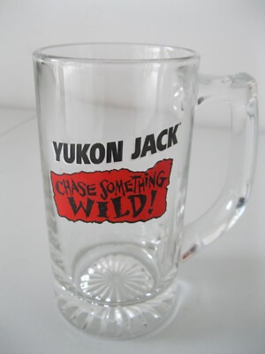 Yukon Jack ''CHASE SOMETHING WILD!''  Clear Glass Beer Mug / Stein  5 1/2'' Tall