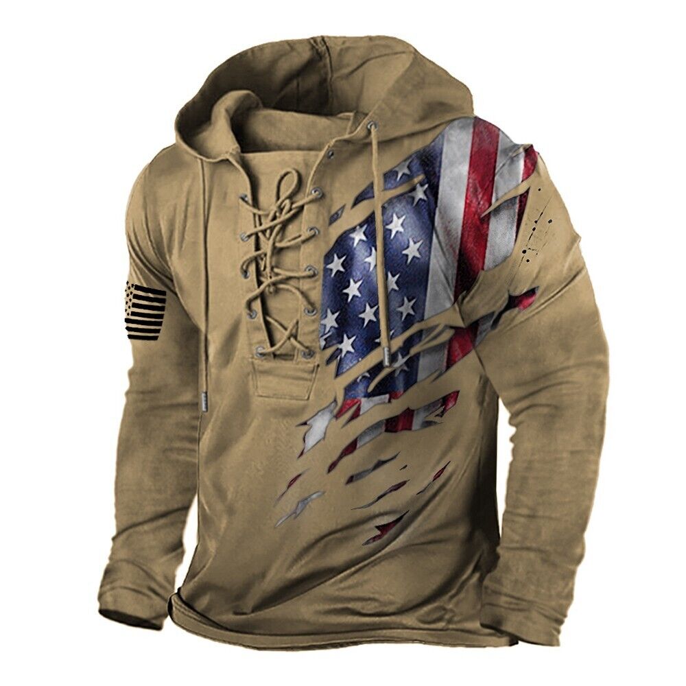 Mens Hoodie Retro Lace Up Vintage Sweatshirt Flag Print Lace-up Casual  Hooded