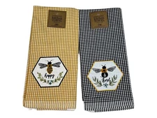 Design Imports DII Bee Happy Kind Gingham Embellished Dishtowel Set of 2 NWT