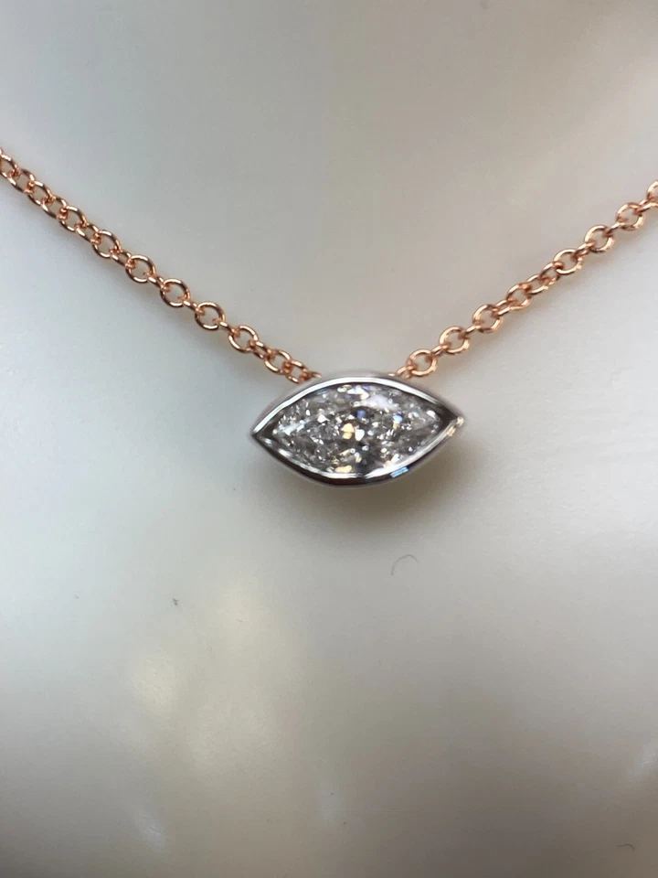 Collar Bisel Diamante.Marquesa Natural-23 puntos .14Kt Oro Rosa 18" Cadena. Foto 2 de 4