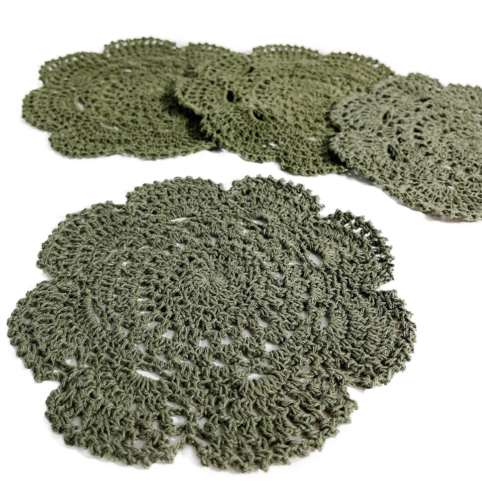 Porta-copos de algodão feitos à mão verde renda redonda crochê guardanapos de 8 polegadas, pacote com 4 - Imagem 2 de 4