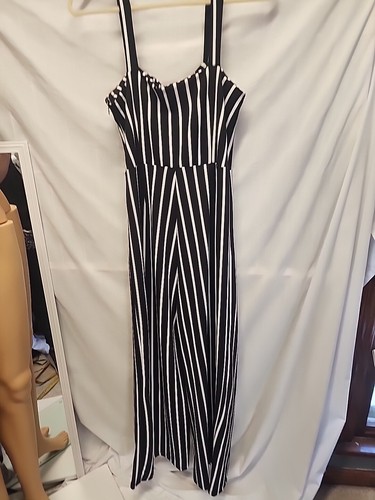J Justify Jumpsuit Women's Large Black White Striped Stretchy Strapless Modern! - Picture 7 of 9