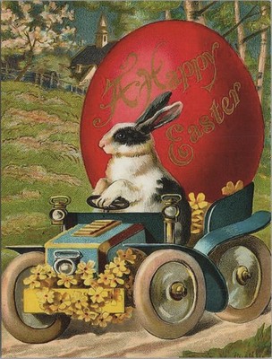 Happy Easter Bunny in Car with Big Red Egg Postcard UNP 4x6