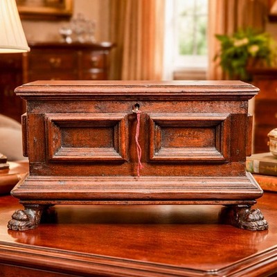 Renaissance Revival Antique Wood Strongbox Chest Lion Paw Feet Key Box Miniature