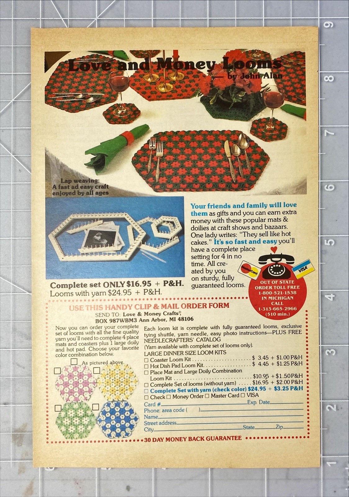 Love & Money Crafts Loom w/ Yarn Set "Friend Family will Love Place Mats" Vtg Ad