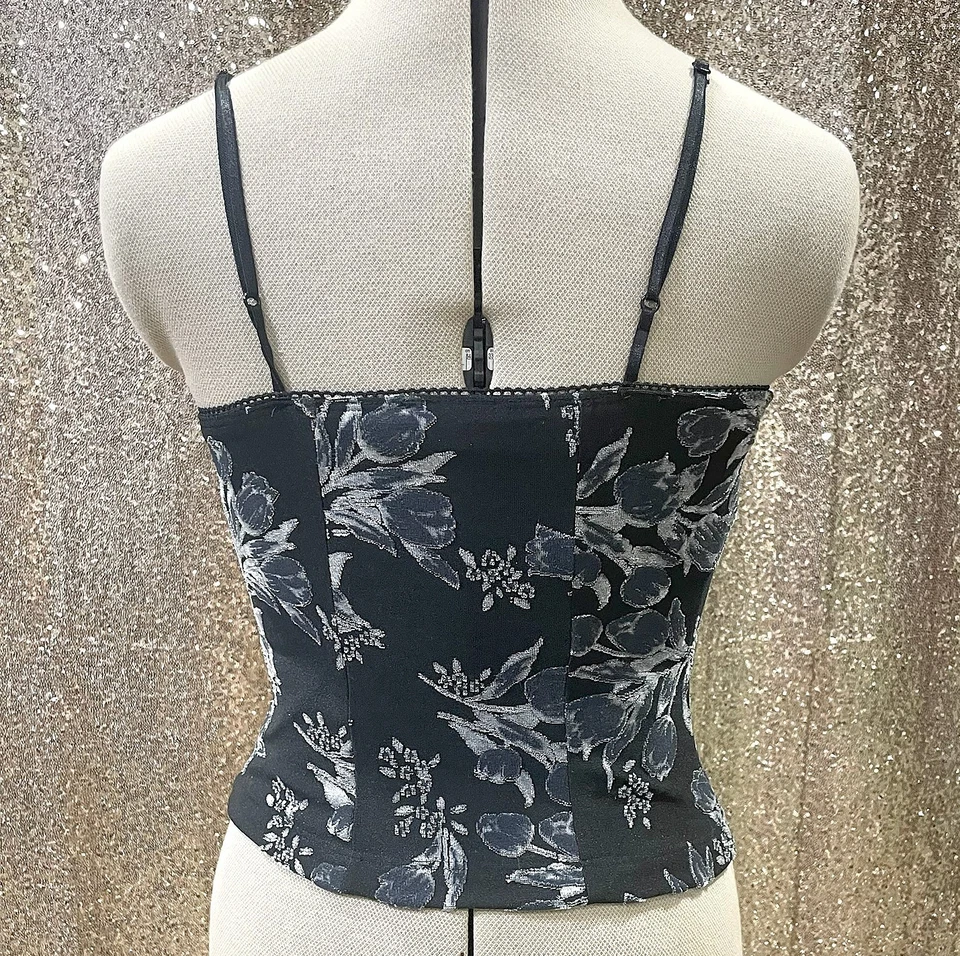 Vintage 90s Y2K Wet Seal Black Floral Corset Top Cami Whimsigoth Emo Club Medium - Image 4 of 4