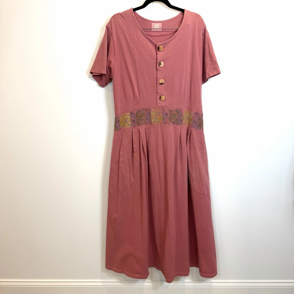 RARE Blue Fish Women Shirt Dress Maxi Pink Lagenlook Short Sleeve Floral VTG - Image 2 of 4