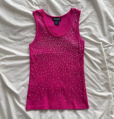 Y2K Vintage Get Lucky Hot Pink Rhinestone Tank Top Women's M Glam 2000s Bling