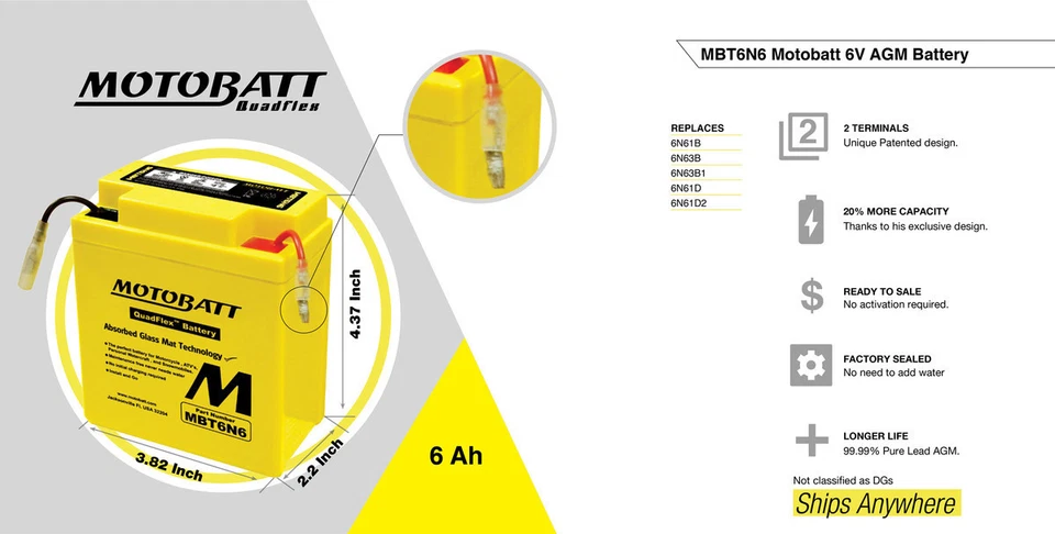 MotoBatt MBT6N6 6V 6Ah AGM Powersports Battery replaces 6N61B 6N6-3B 6N63B1 Foto 2 de 2