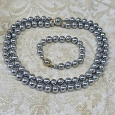 Parure Perles Verre Nacrées Grises Collier 40 Cm Bracelet 19 Cm Plaqué Or