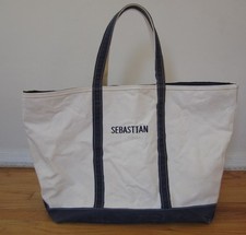 Vintage LL Bean Boat Tote Canvas Bag White Navy Blue Handles Zip X Large