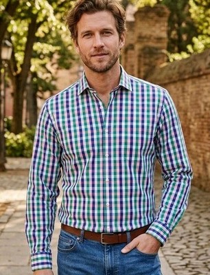 New CHARLESTON THREADS Men's L Cotton Long Sleeve Purple Green Pink Button Shirt
