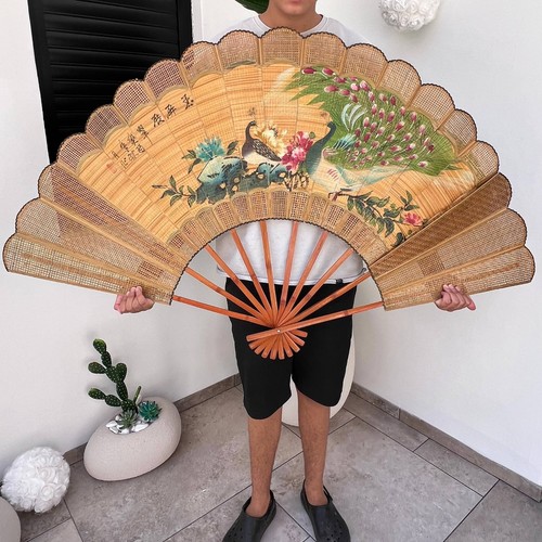 Enorme antico ventaglio asiatico artigianale vintage giapponese cinese arte da parete bambù - Foto 5 di 8