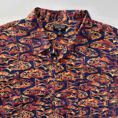 Vtg Polo Jeans Co Ralph Lauren Mens Camp Loop Shirt Size XL Fish Print Button Up