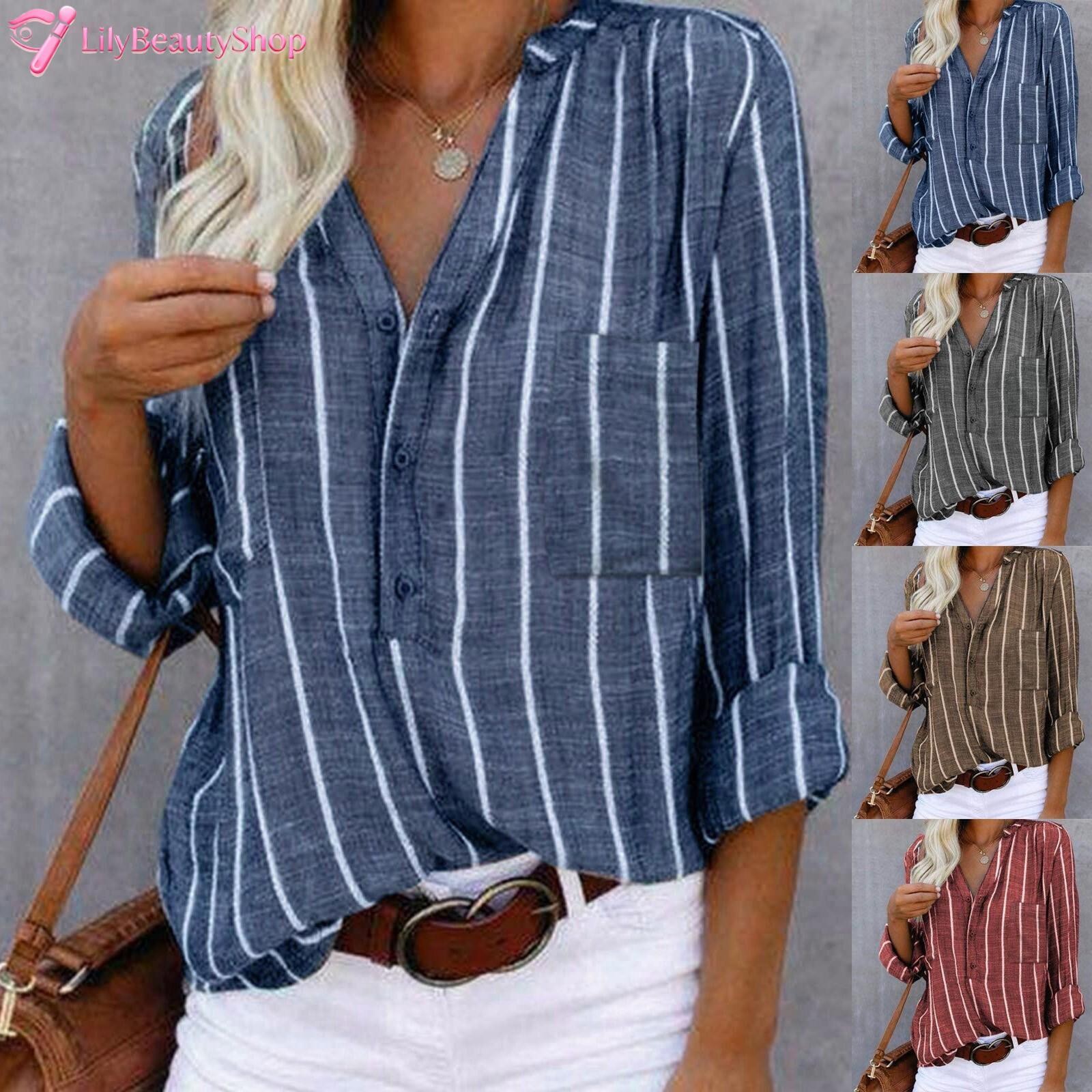 Damas Camisas Cuello en V Blusa Mujeres Sueltas Trabajo Manga Larga Túnica Camisa Abotonada