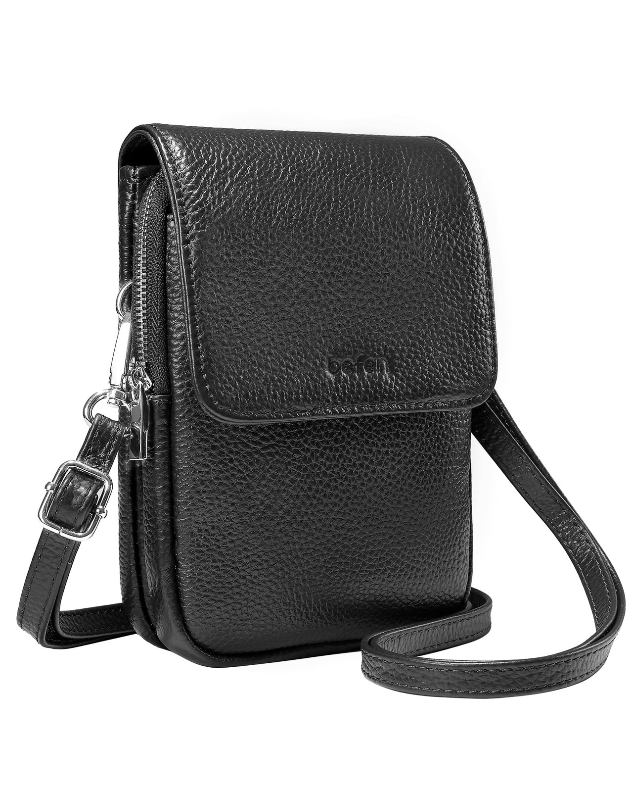 Genuine Leather Black Small Crossbody Bag for Women with Phone Pocket