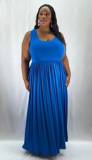 Plus Size 1X Women’s Blue Pleated Sleeveless Maxi Dress Pockets