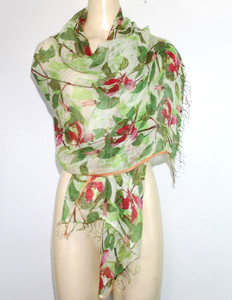 VMG Epice Paris Copenhagen Pink Green Floral Hemp Multi Fringe Scarf 69" x 23"