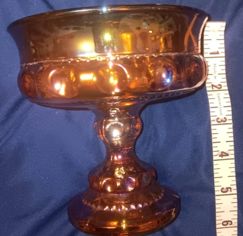 VTG Indiana Carnival Glass Thumbprint Marigold Iridescent Pedestal Compote, USA