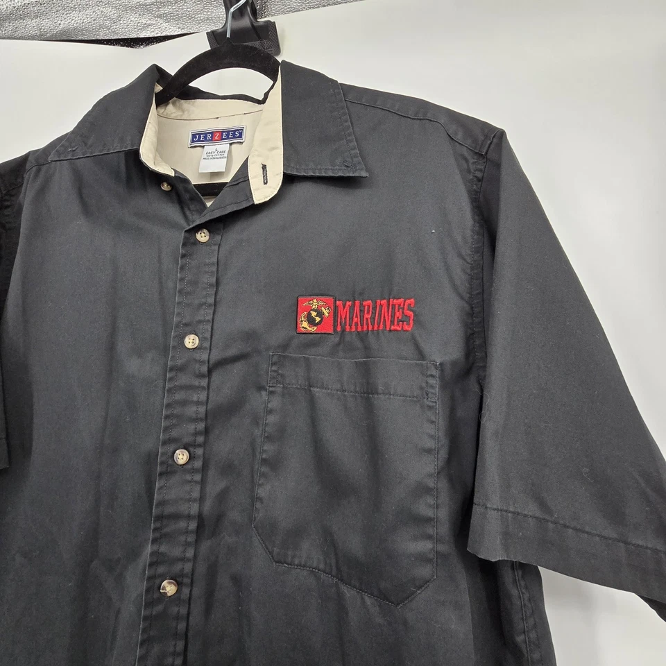 Vintage Jerzees Marines Button Down Shirt Mens LG Black Short Sleeve Embroidery  - Image 2 of 4