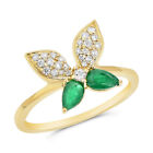 Butterfly Whimsical Right Hand Cocktail Ring 14K Yellow Gold Pave Green Emerald
