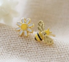 Bee Flower Earrings Stud Asymmetric Enamel Gold Bumblebee