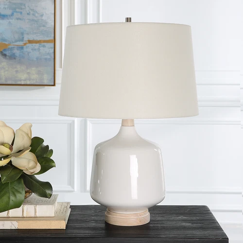High Gloss White Ceramic Table Lamp 25 in Coastal Farmhouse Casual Wood Organic - Picture 3 of 7